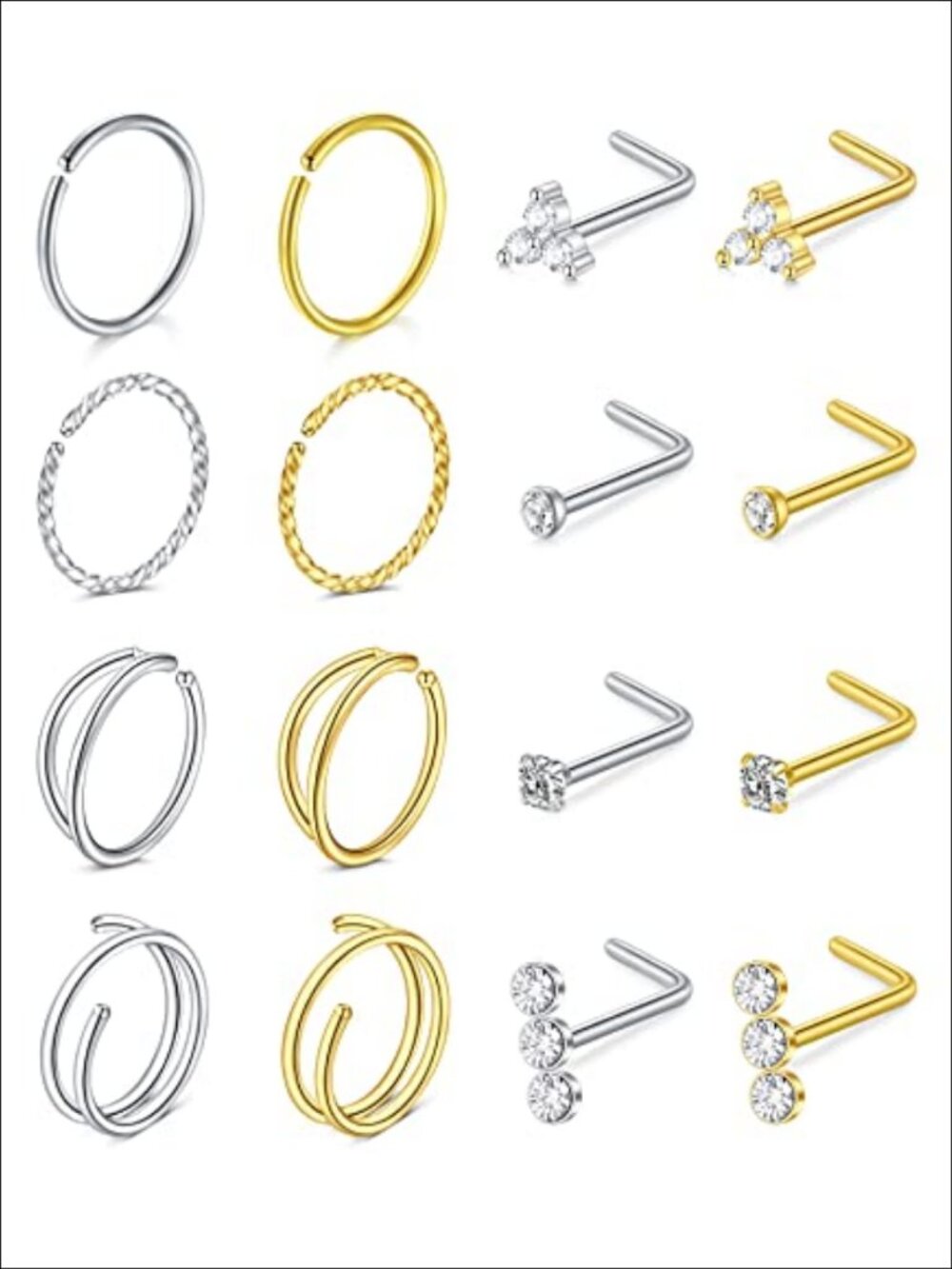 20g Surgical Steel Nose Rings Hoops Studs Screw Piercing Jewelry Set